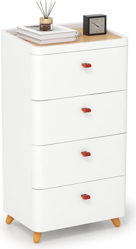 4-laden Nachttisch mit herausnehmbarer Organizer-Schublade und Holzbeinen, multifunktionale Kommode für Schlafzimmer, Wohnzimmer, Badezimmer, wei...