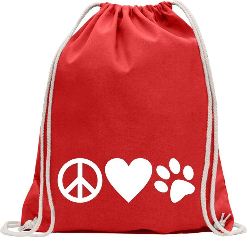 Kiwistar - Turnbeutel - rot - Peace Love Animals - Fun Rucksack Sport Beutel Gymsack Baumwolle mit Ziehgurt
