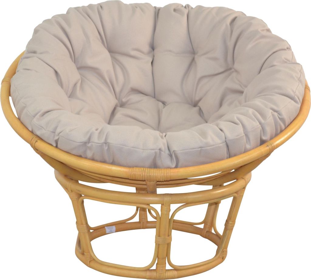 A papasan chair with a beige cushion on a white background.