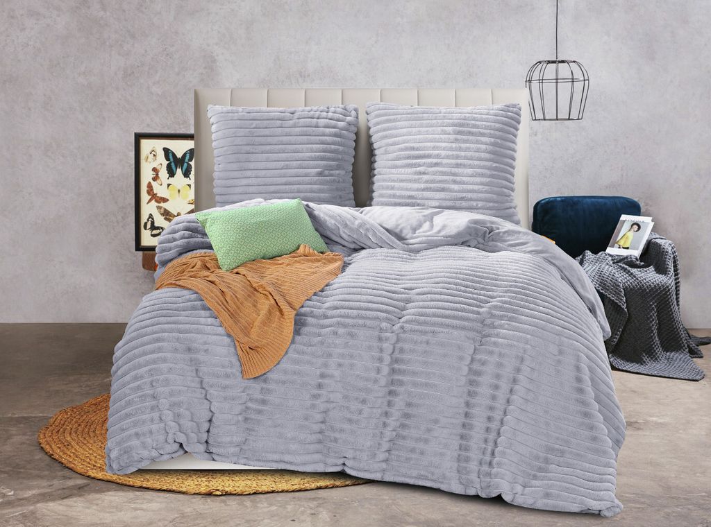 Teddy Bettwäsche Grau Gestreift 135x200 Bettbezug-Set mit Kissenbezug 2teilig mit Reißveschluss Kuschelige Plüsch Fleece Winter Warme