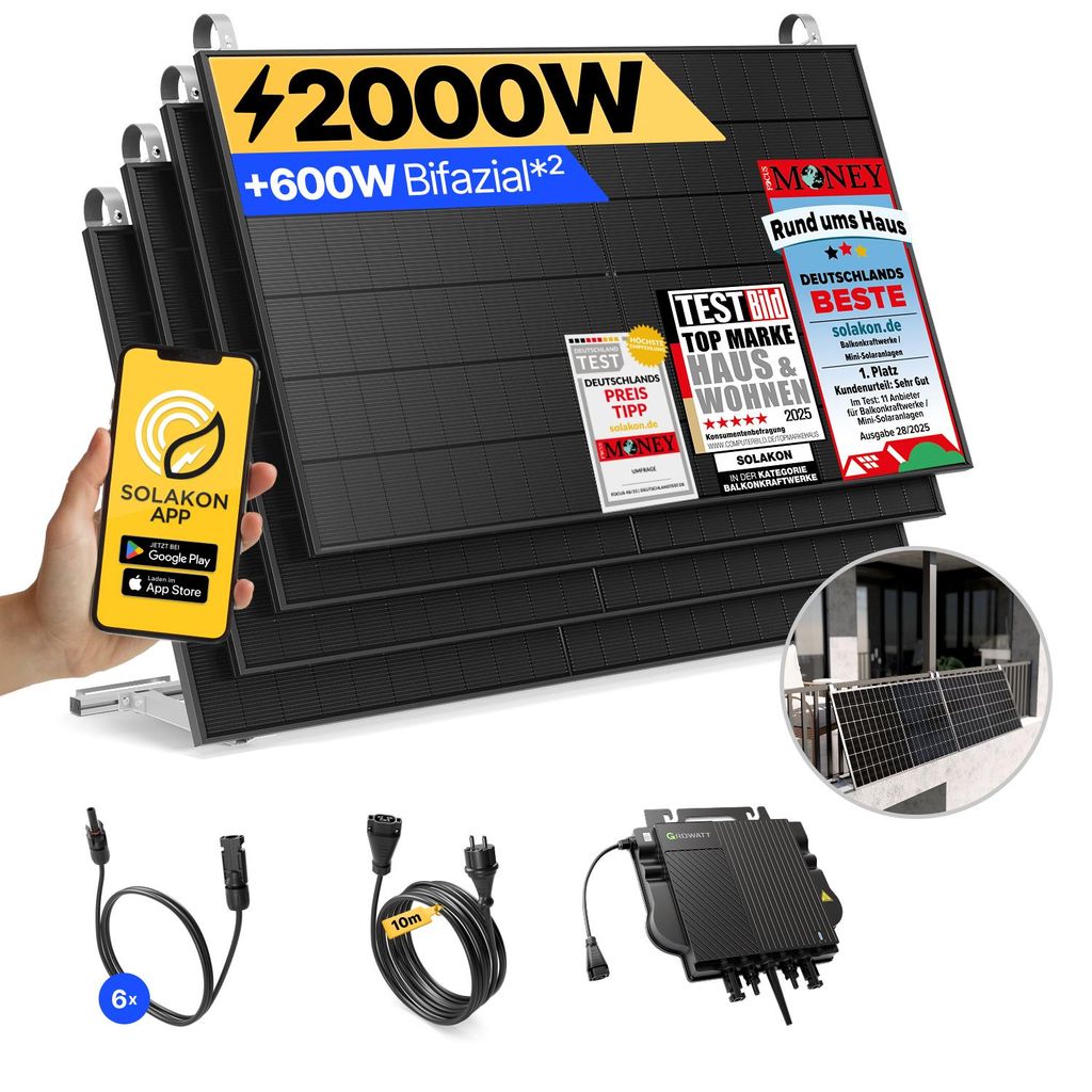 Balkonkraftwerk 2000W Solaranlage mit Balkon Halterung Steckerfertig Komplettset Photovoltaik Anlage 800W, Kabellänge: 10m, Solakon - onPower