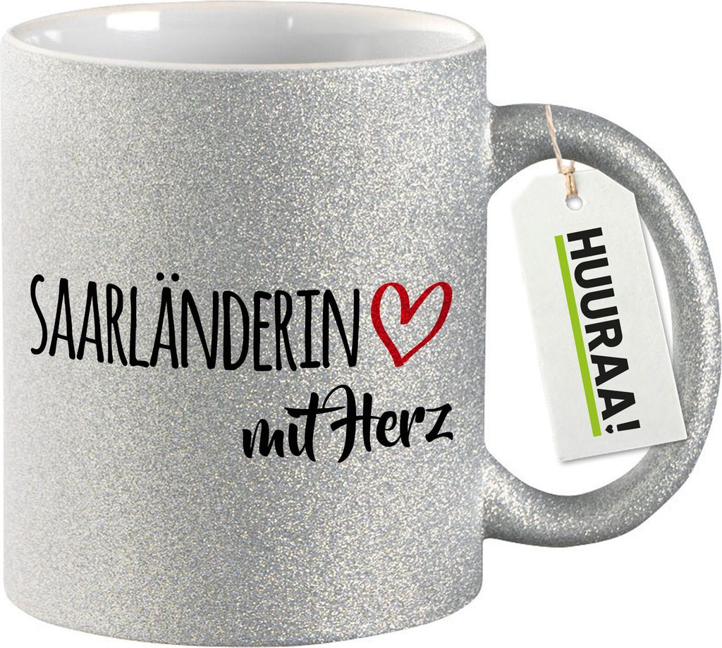 Huuraa Glitzertasse Saarländerin mit Herz 330ml Silber Keramik Kaffeebecher Geschenkidee