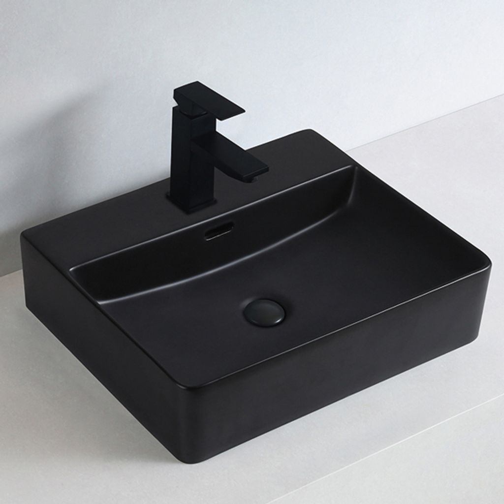 Waschbecken Aufsatzwaschbecken KW6146 - Keramik - 52 x 42 x 12,5 cm, Farbe:Schwarz matt, Ablaufgarnitur wählbar:Mit Blende Chrom