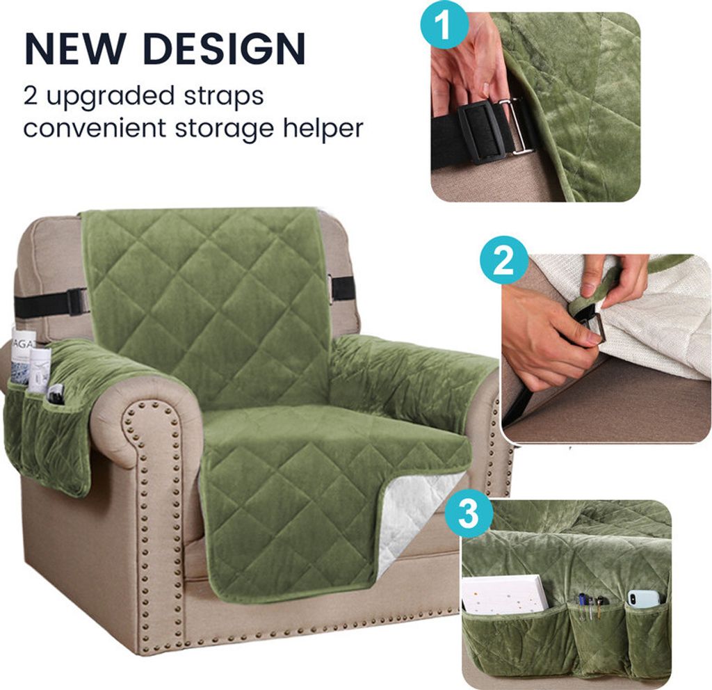 (1 Seater, Olivgrün) Sofabezug Gesteppter dicker Samtplüsch-Couchbezug für Sessel Schonbezug Schutz vor Haustieren Hunde, rutschfest zwei elasti...