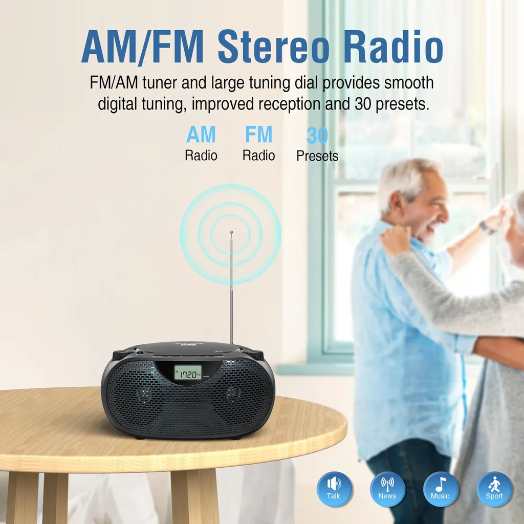Lecteur CD Portable ZELURXX Boombox Bluetooth 5.0 et Radio FM - Noir - 3