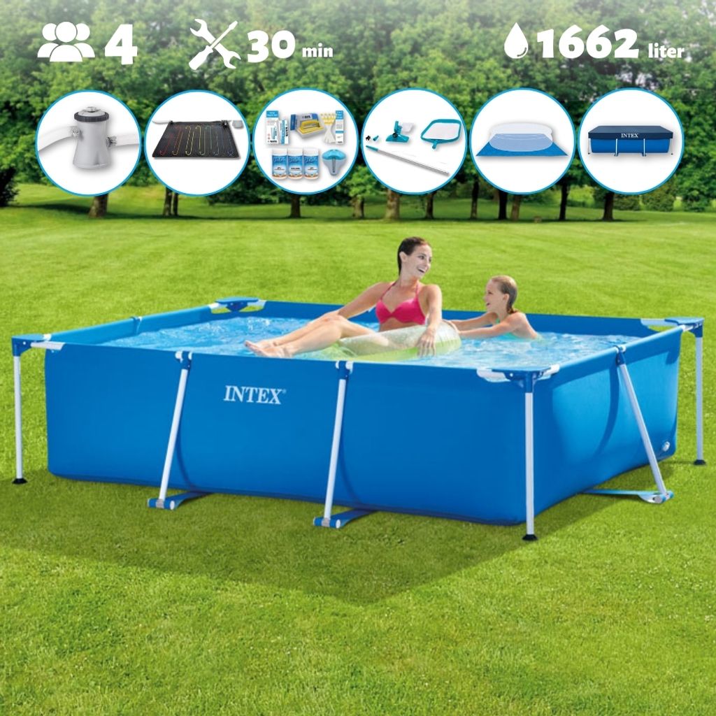 Intex-Schwimmbecken mit rechteckigem Rahmen – 220 x 150 x 60 cm – Blau – im Lieferumfang enthalten Abdeckung - Bodenplane - Filterpumpe für ...