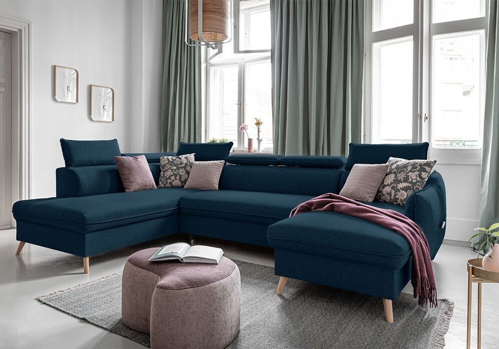 MIUFORM Sweet Harmony - Ecksofa mit Bettfunktion und Bettkasten U-FORM LINKS - 321x208cm - Tiefblau - Sofa Schlafsofa Couch