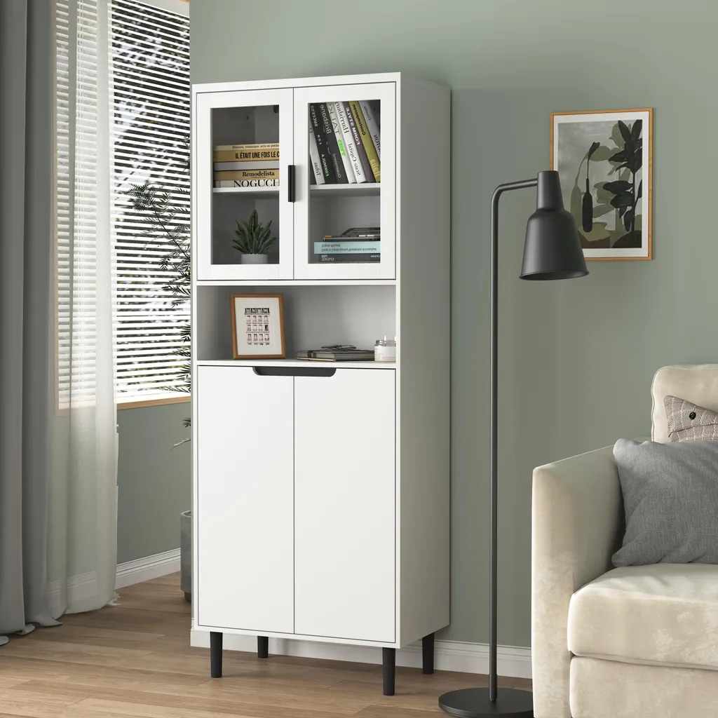 Armoire Vitrine Blanche avec Portes en Verre et Tiroirs de Rangement