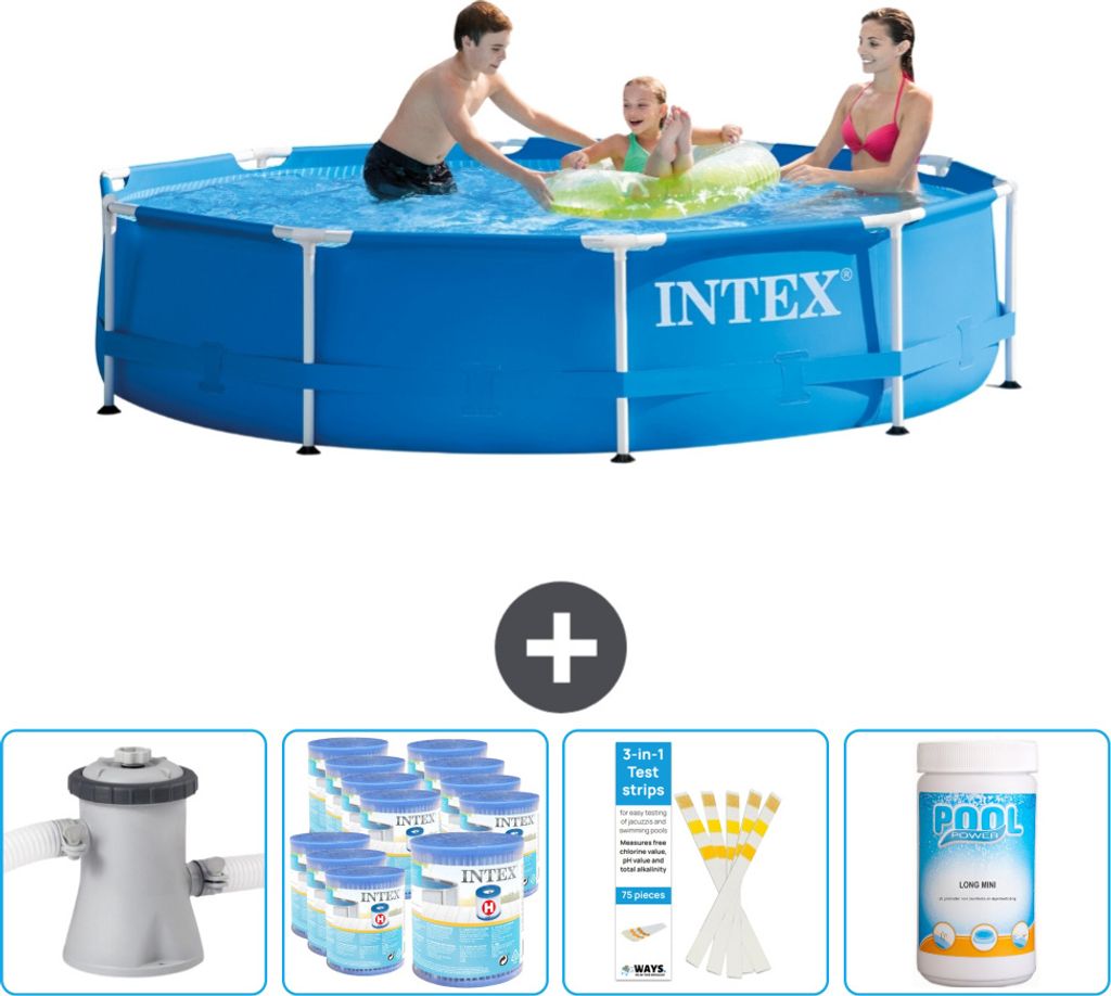 Intex Rundrahmen-Schwimmbecken – 305 x 76 cm – Blau – inklusive Pumpe Filter - Teststreifen - Chlor