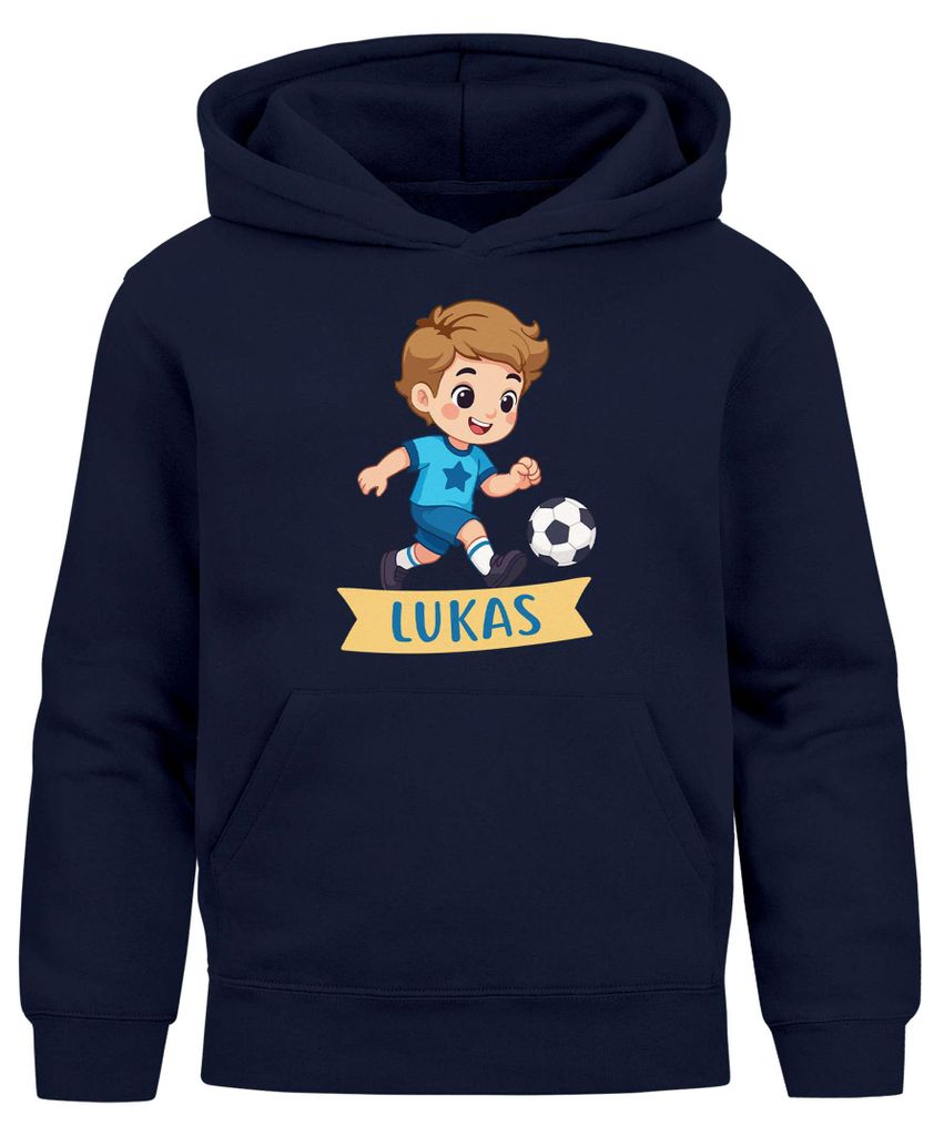 Kinder Hoodie Jungen mit Namen Geschenk Fussball Comicfigur personalisierte Jungengeschenke Geschenkidee Fussballfan Moonworks