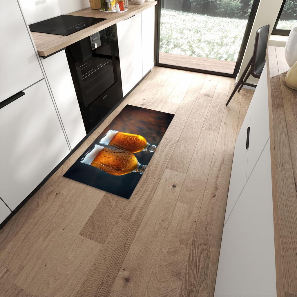 Küchenteppich 60x120cm rutschfest & abwischbar PVC Läufer - Zwei Biergläser Holz