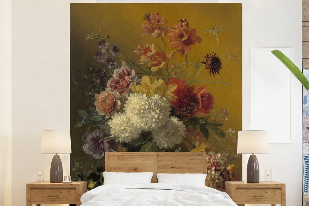 MuchoWow Fototapete für Wohnzimmer oder Schlafzimmer Wandtapete Vinyl Motivtapete Stilleben mit Blumen - Gemälde von G.J.J Van Os - 225x280 cm ...