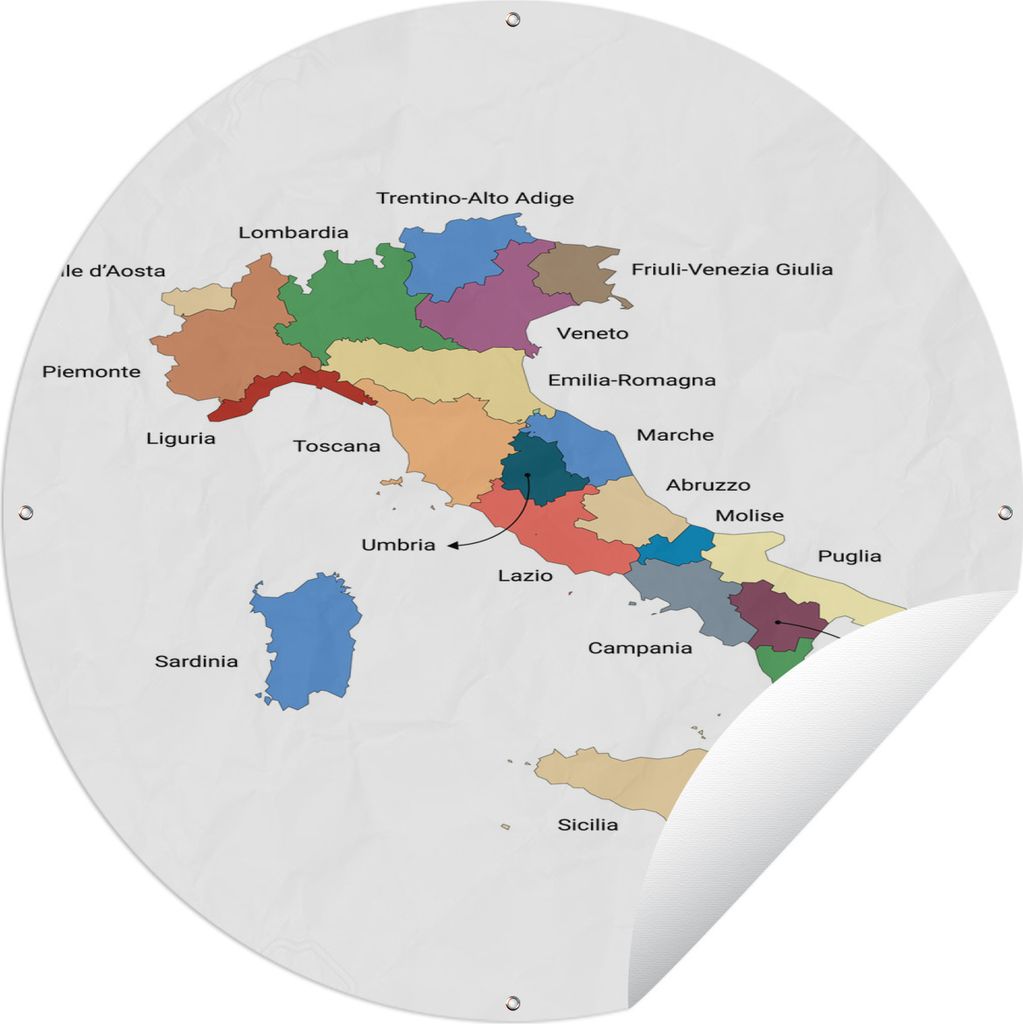 MuchoWow Gartenposter Outdoor-Poster Rund Karte der Regionen Italiens Ø 90 cm Gartendeko Rundes Poster draußen