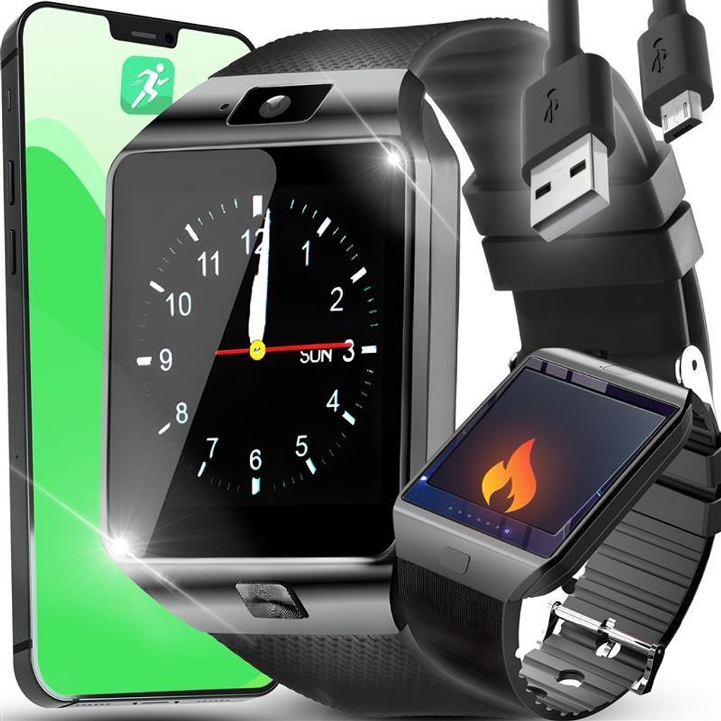 A smartwatch and smartphone are displayed together, with charging cables in the background.