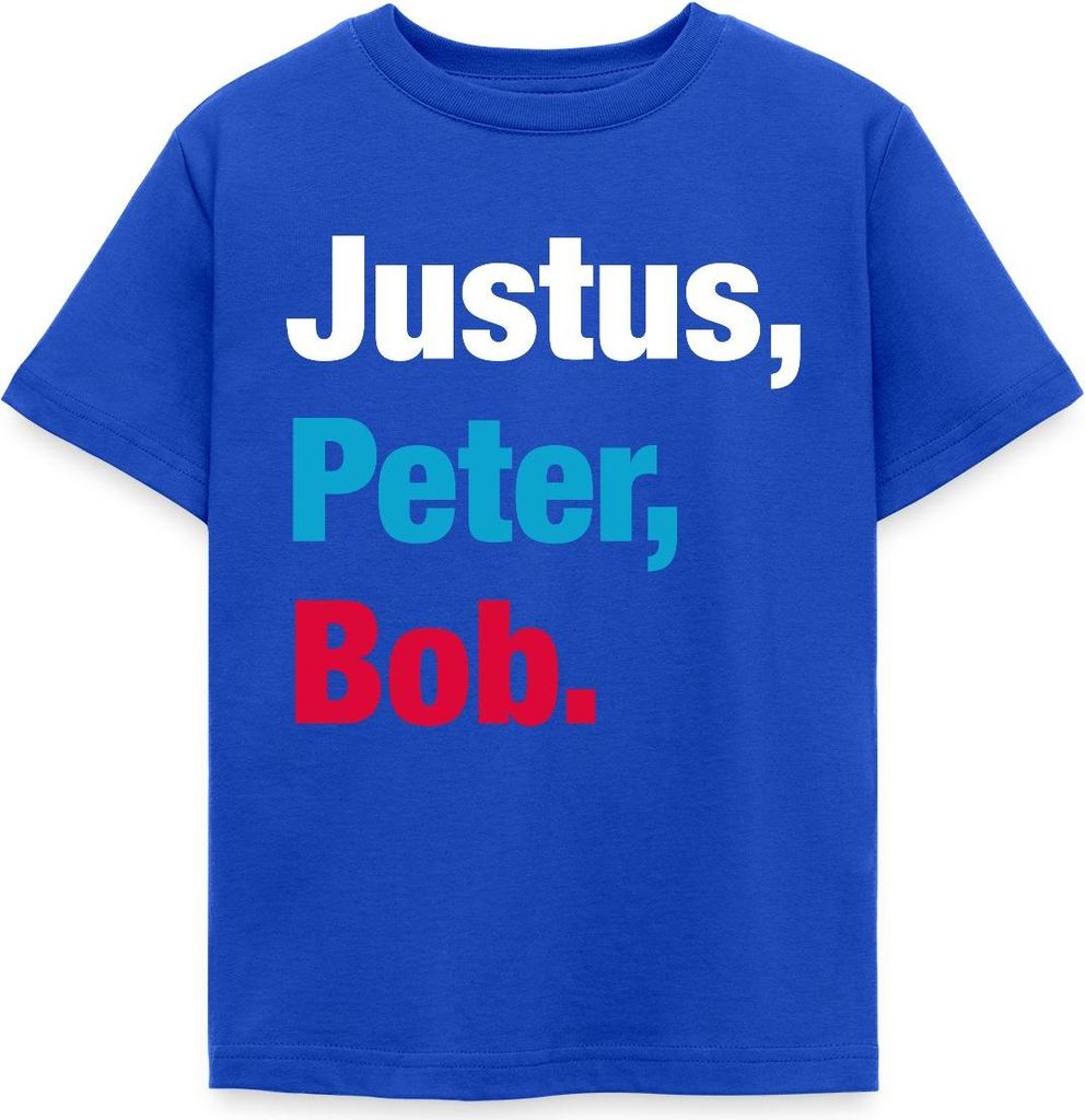 Spreadshirt Die Drei Fragezeichen Kids Justus, Peter, Bob. Kinder T-Shirt, 122/128 (7-8 Jahre), Royalblau