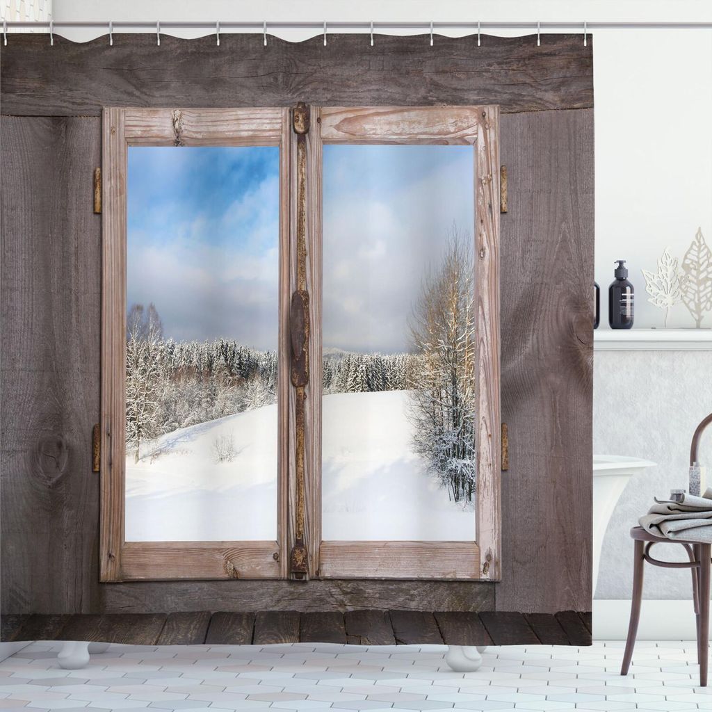ABAKUHAUS Rustikal Duschvorhang, Wintersaison-Szene von einem hölzernen Fenster des Landhaus-Schnee-Weinlese-Designs, 175 x 180 cm, Umber Weiß Blau