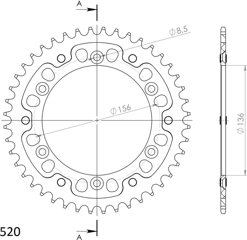 Stealth-Kettenrad Supersprox 520 - 44Z (gold) RST-1512:44-GLD|ID 136,0 LK 156,0 6-Loch