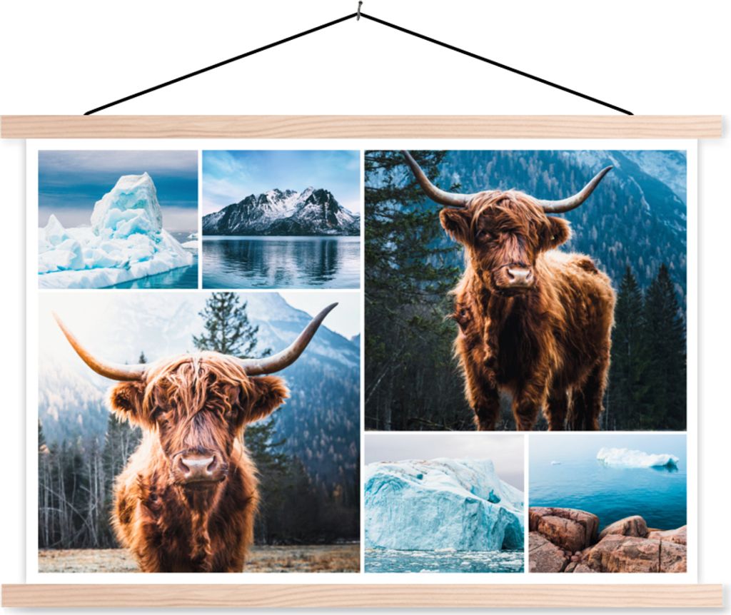 MuchoWow Textilposter Schottisches Hochlandrind - Collage - Winter 120x80 cm mit holzfarbenen Rahmen - Aufhängeset