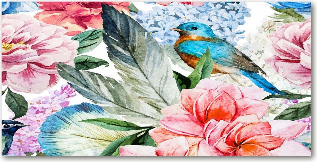 Tulup Glas-Bild - 100x50 -Wandkunst - Wandbild hinter gehärtetem Sicherheitsglas - Tiere - Blumen und Vögel - Mehrfarbig