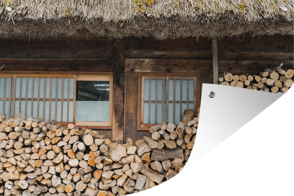 MuchoWow 90x60 cm Outdoor-Poster Gartendeko Sichtschutz Garten Poster für den Garten Brennholz für ein Haus