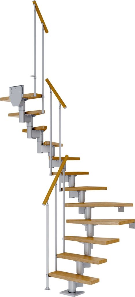 Dolle Mittelholmtreppe Dublin 1/2 gewendelt aus Eiche lackiert 71 cm breit für GH 278–337 cm UK Metall Perlgrau mit Einzelstabgeländer