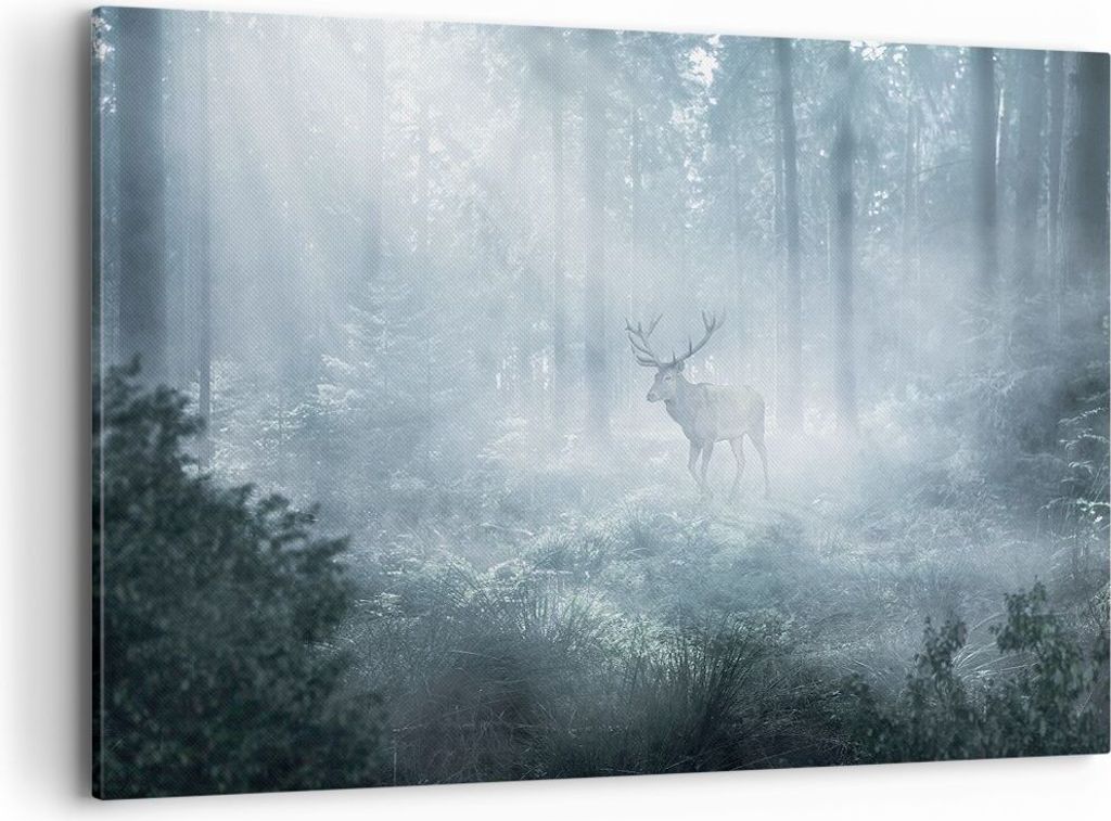 Bild auf Leinwand - Leinwandbild - Einteilig - Hirsch Wald Morgendämmerung - 100x70cm - Wand Bild - Wanddeko - Wandbilder - Leinwanddruck - Bilder...