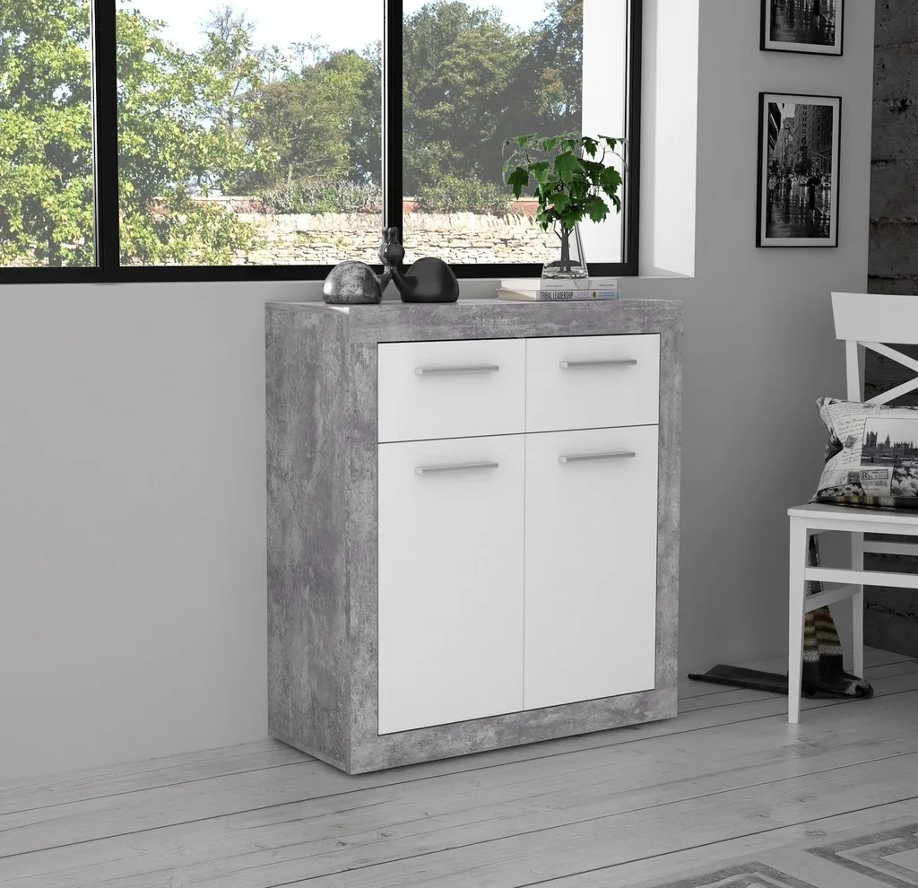 Petite Commode BACCIO Bicolore Béton et Blanc 83cm Style Industriel - 2