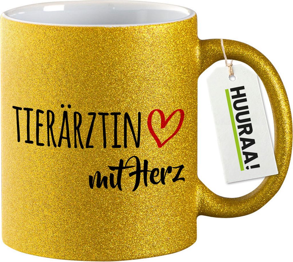 Huuraa Glitzertasse Tierärztin mit Herz 330ml Gold Keramik Kaffeebecher Geschenkidee