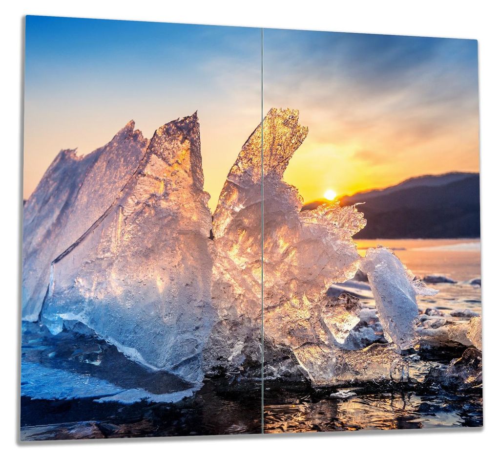 Wallario Herdabdeckplatte aus Glas, Größe 60 x 52 cm 2-teilig, Motiv Eisformation im Abendlicht