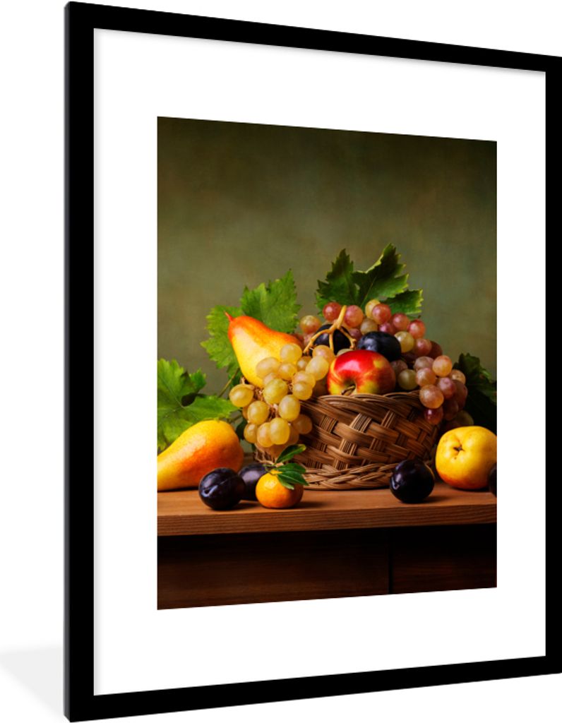 MuchoWow Gerahmtes Poster Rustikal - Korb - Obst - Stilleben 60x80 cm - Poster mit Schwarzem Bilderrahmen Wandposter Rahmen Foto Bilder - Wohnzim...