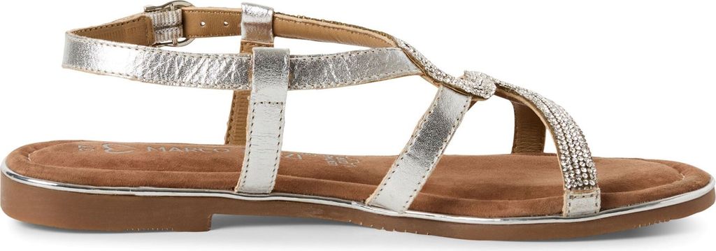 MARCO TOZZI Damen Sandale Leder Strassbesatz flach bequem metallic 2-28143-42, Größe:40 EU, Farbe:Silber