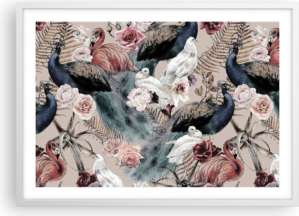 Gerahmtes Poster - Weißer Rahmen - Pfauen Squab Flamingos - 70x50 cm - Wand Bild - Wanddeko - Wandbilder - Kunstposter - Wandposter - Bilderrahmen...