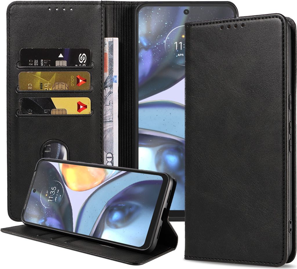 Smartphonica Handytasche passend für Motorola Moto G22 Kunstleder mit Magnetverschluss und Kartenfächern Bookcase mit Klappe - Schwarz
