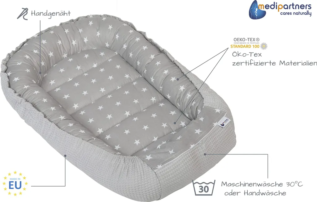 Lit de voyage bébé 100x60cm en coton gaufré gris et imprimé étoiles