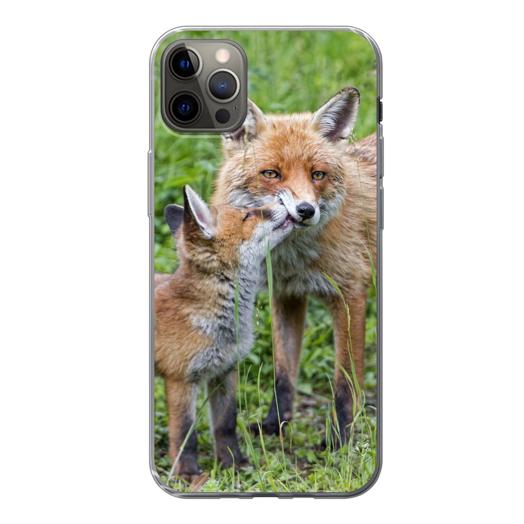 MuchoWow Handyhülle Schutzhülle Hülle für iPhone 12 Pro Max Füchse - Kind - Gras Silikon Softcase Handy Hülle - Hartschale