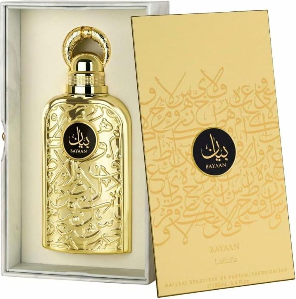 A gold perfume bottle and its packaging are displayed.