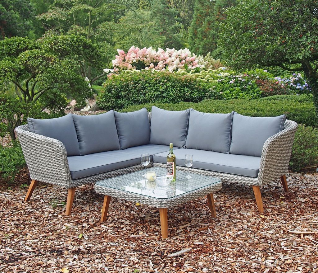 Garten-Essgruppe "Pamplona" aus Aluminium/Polyrattan/Massivholz/Glas in grau/braun. Abmessungen (BxHxT) 180x75x180 cm