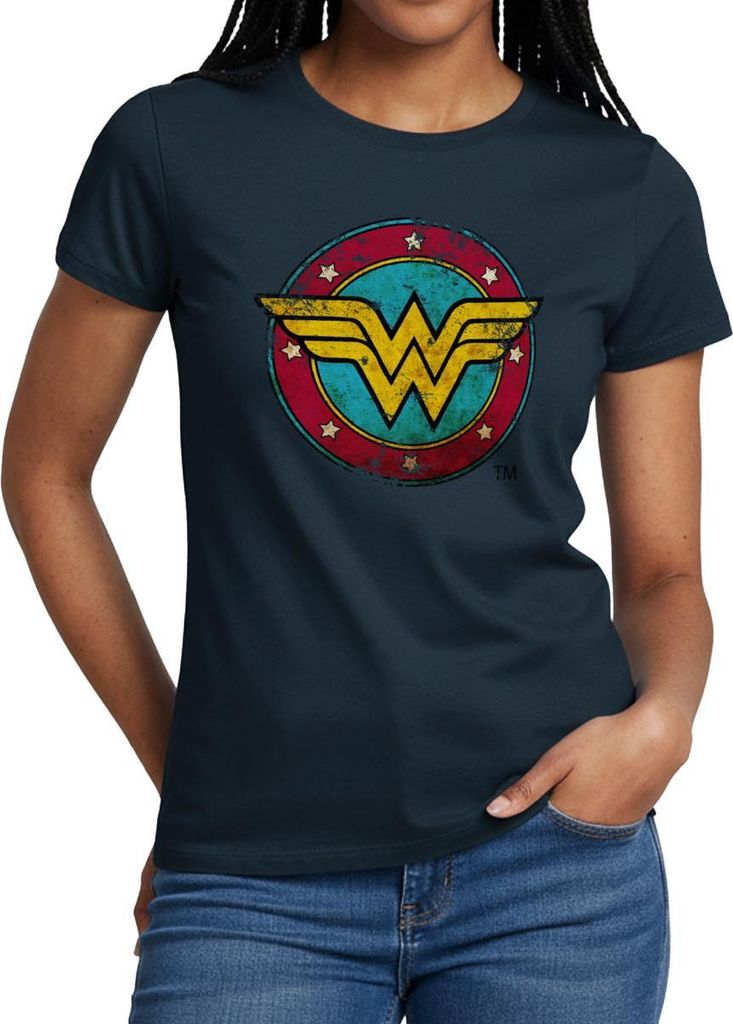 Spreadshirt DC Comics Wonder Woman Logo Used Look Frauen T-Shirt, M, Navy