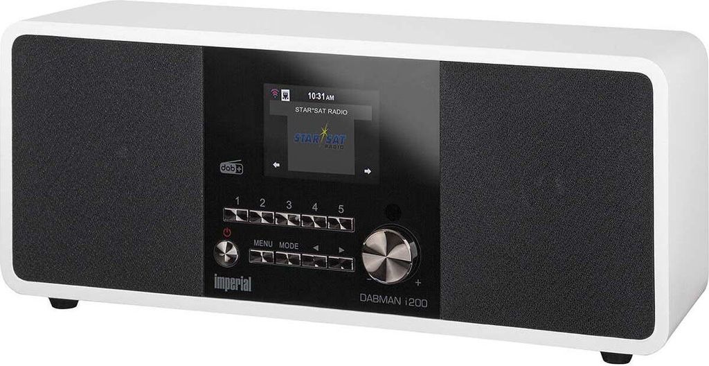 A white and black Imperial DABMAN i200 radio is shown against a white background.