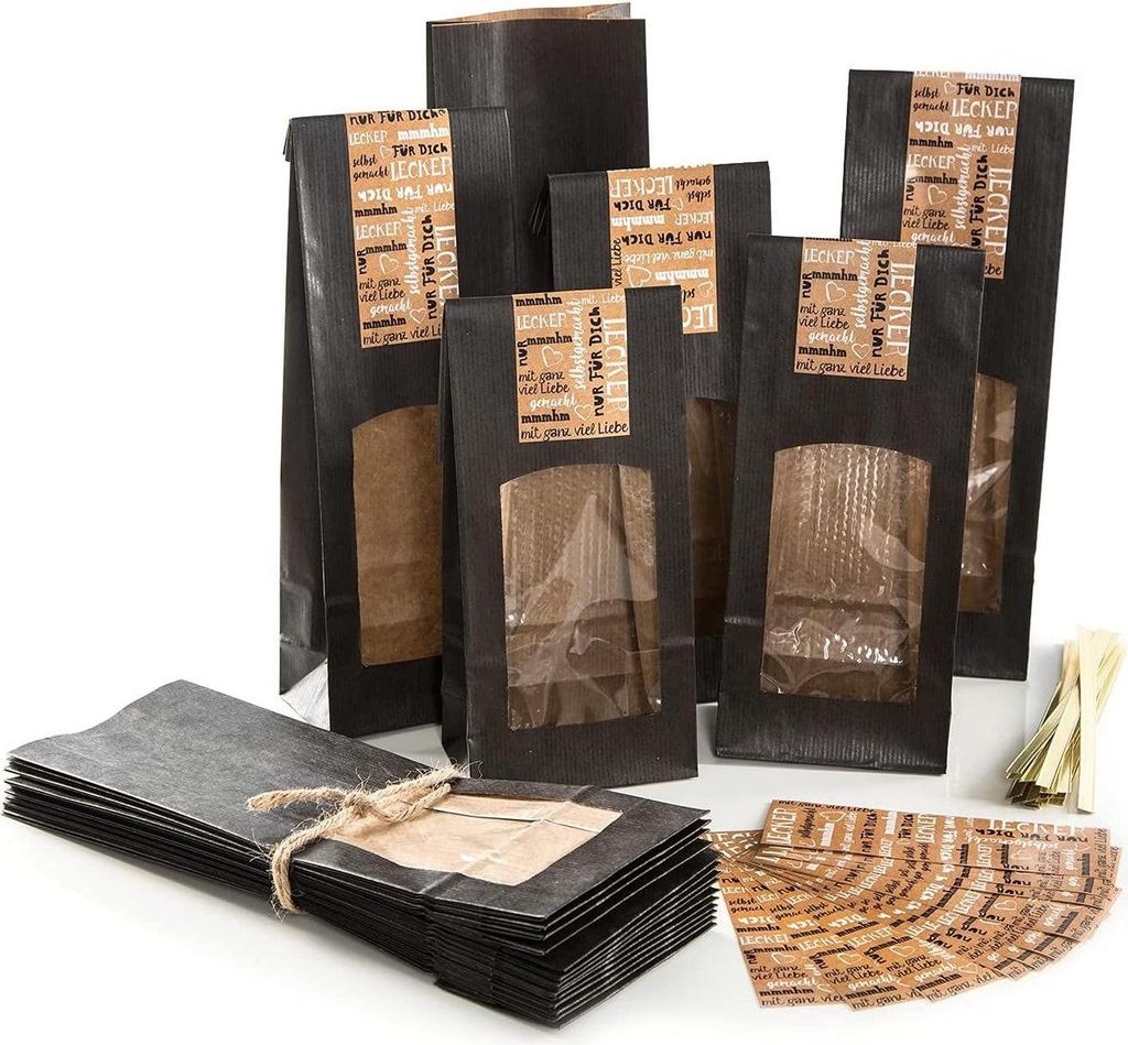 Logbuch-Verlag 10 Blockbodenbeutel mit Sichtfenster schwarz 8,5 x 5 x 26,5 cm mit Aufkleber SELBSTGEMACHT - Verpackung Lebensmittel Tee10 Stück
