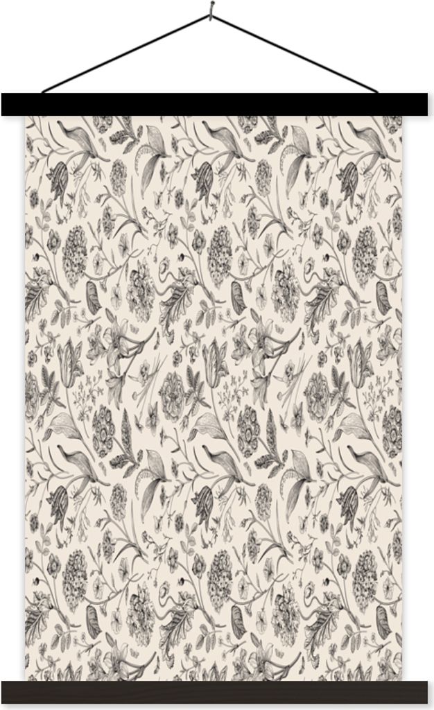 MuchoWow Textilposter Blumen - Schwarz - Weiß - Blätter 60x90 cm mit schwarzem Rahmen - Poster Wohnzimmer