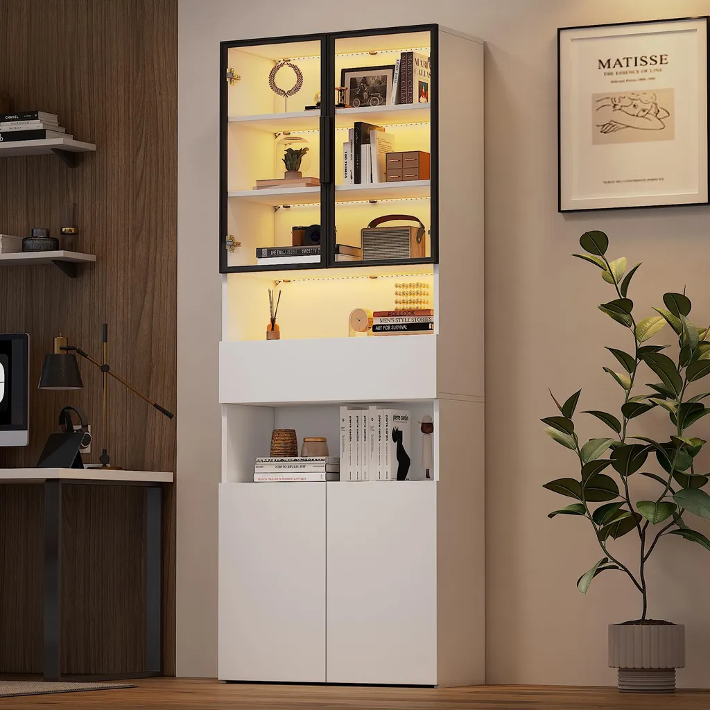 Vaisselier Moderne Blanc avec Vitrine et Bibliothèque à LED Intégrée