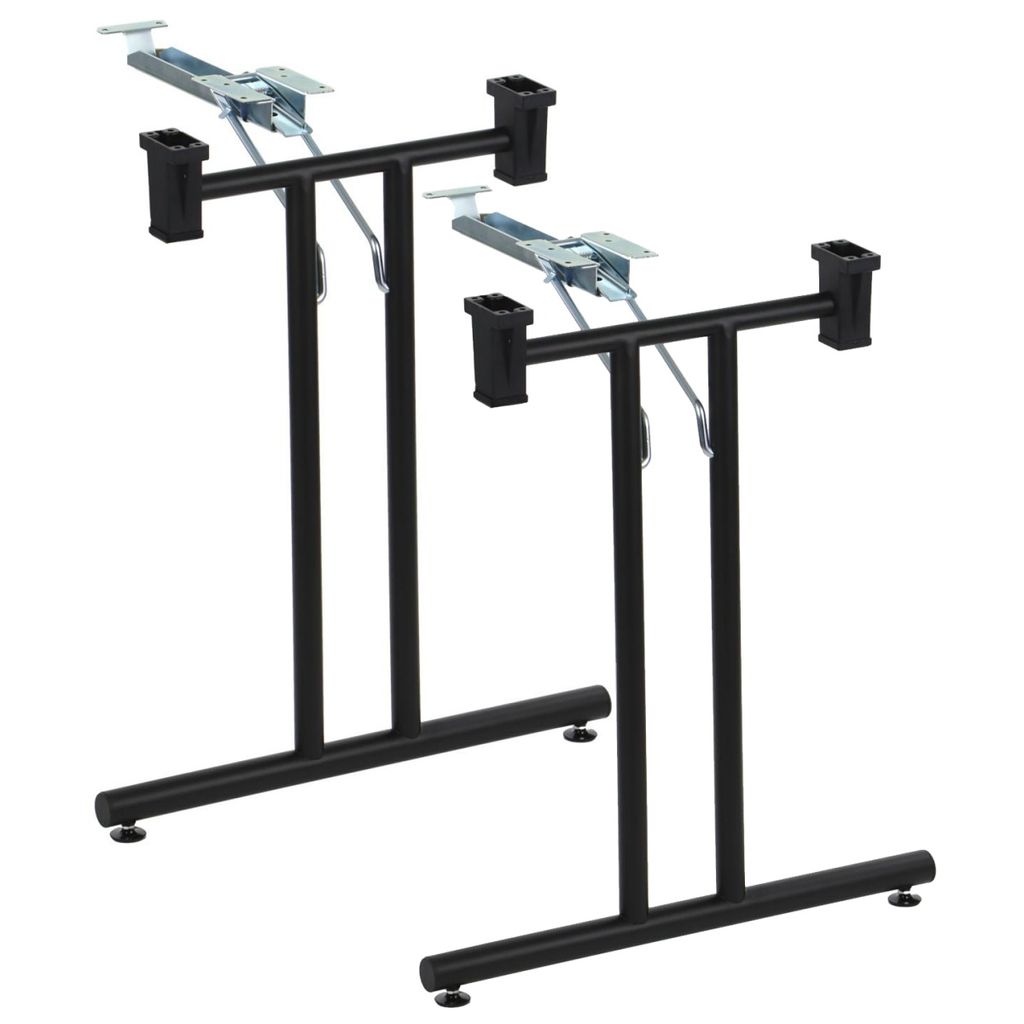 Two black metal table legs with adjustable feet and silver mounting brackets.