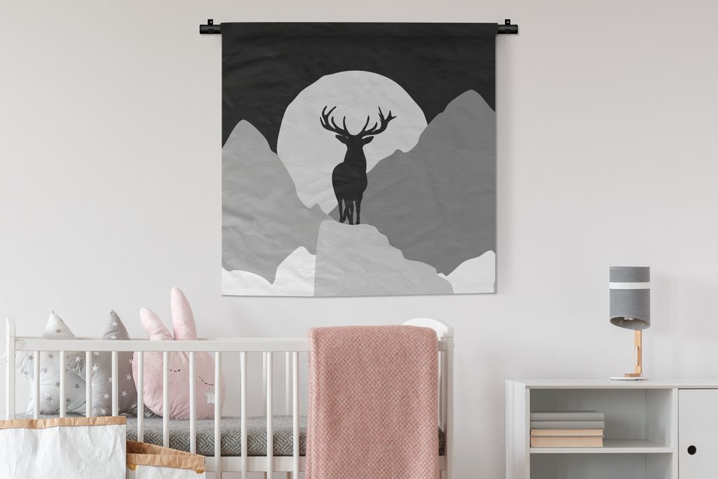 MuchoWow Wandteppich Wandbehang Hirsch - Mond - Schwarz - Weiß 90x90 cm Tapisserie Dekoration Wandtuch - Wandaufhänger