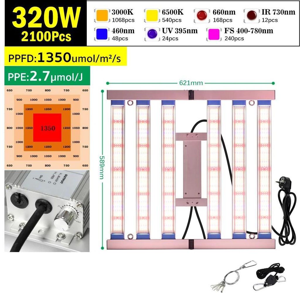 LED Pflanzenlampe - Grow Light - 320 W Leistung - Dimmbar per Drehknopf - 220 V AC - EU-Stecker - Aluminium - Einstellbares Spektrum