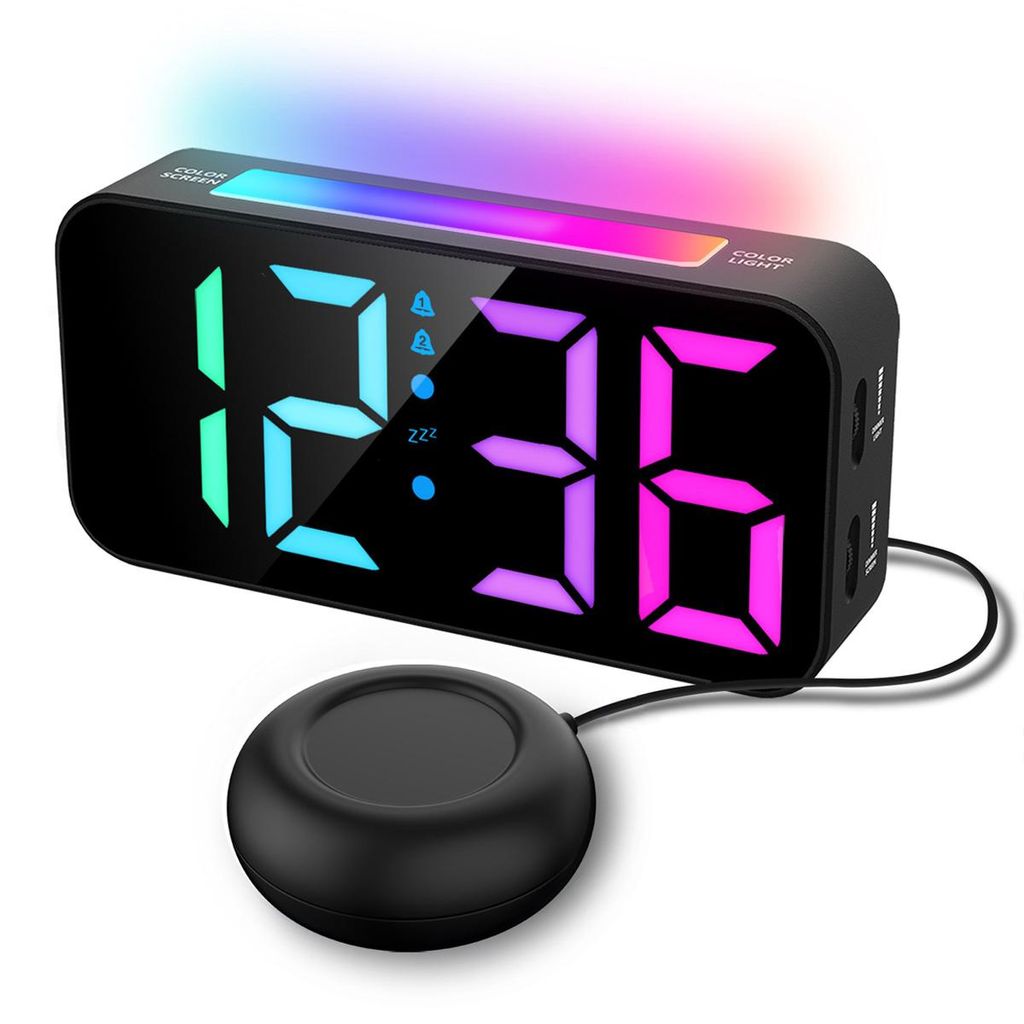 Digitaler Wecker für Tiefschläfer, mit Vibration & Nachtlicht, farbige Anzeige, DST-Funktion, für Schlafzimmer & Nachttisch