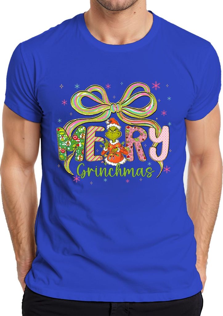 Merry Grinchmas Grinch Weihnachten lustig Geschenk Schleife bunt Herren T-Shirt, Blau, S