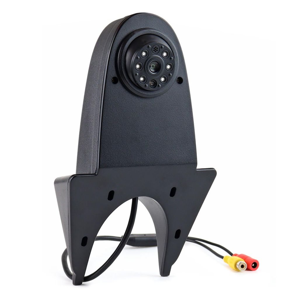 A black backup camera with mounting bracket and cables is shown against a white background.