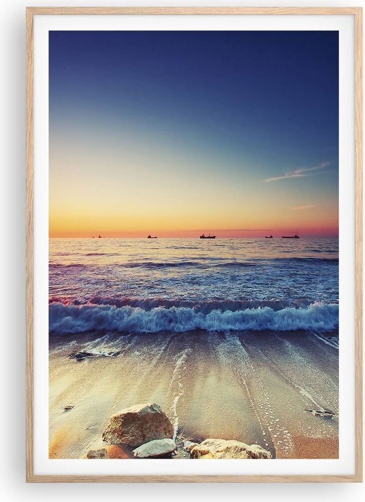 Gerahmtes Poster - Rahmen in heller Eiche - Meer Strand Welle - 70x100 cm - Wand Bild - Wanddeko - Wandbilder - Wandposter - Bilderrahmen - Bilder ...