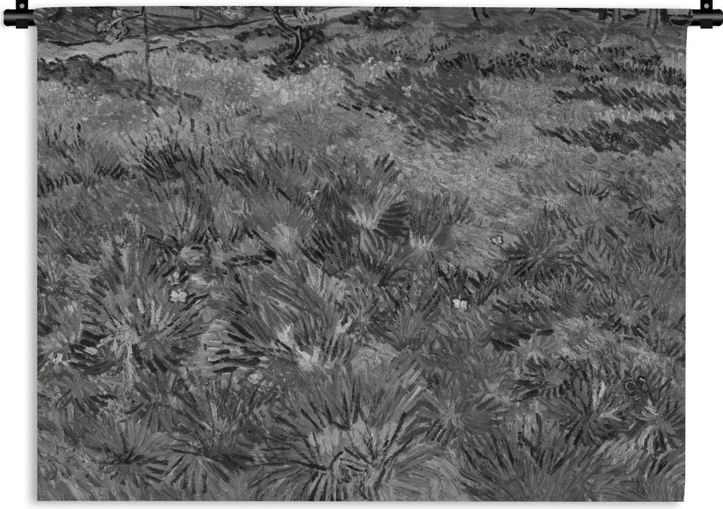 MuchoWow Wandteppich Wandbehang Grasfeld mit Blumen und Schmetterlingen - Vincent van Gogh - Schwarz und weiß 120x90 cm Tapisserie Dekoration Wa...